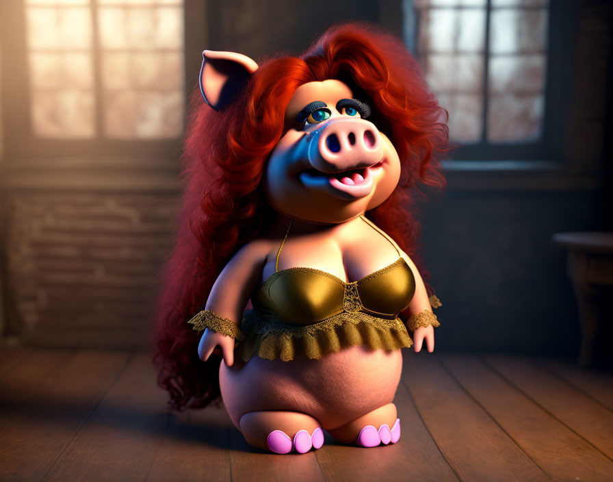 Anthropomorphic female pig in golden dress and necklace in 3D animation