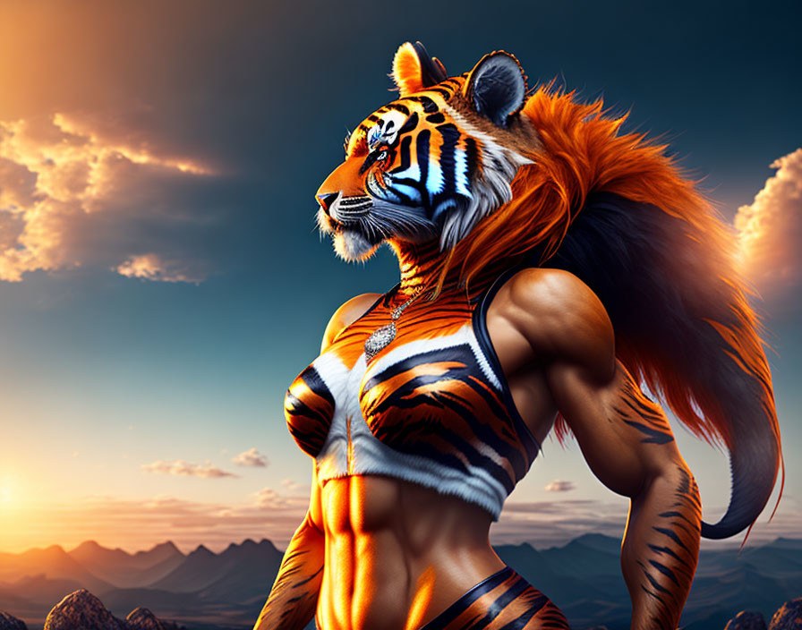 Digital artwork: Tiger-human hybrid against sunset landscape