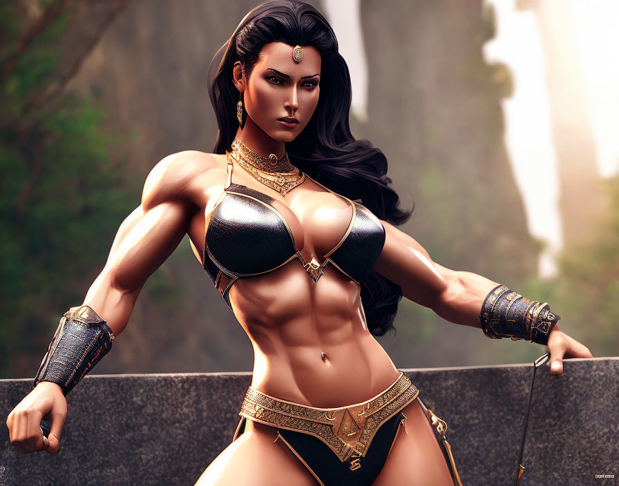 Digital artwork of female warrior in metallic bikini armor with bow