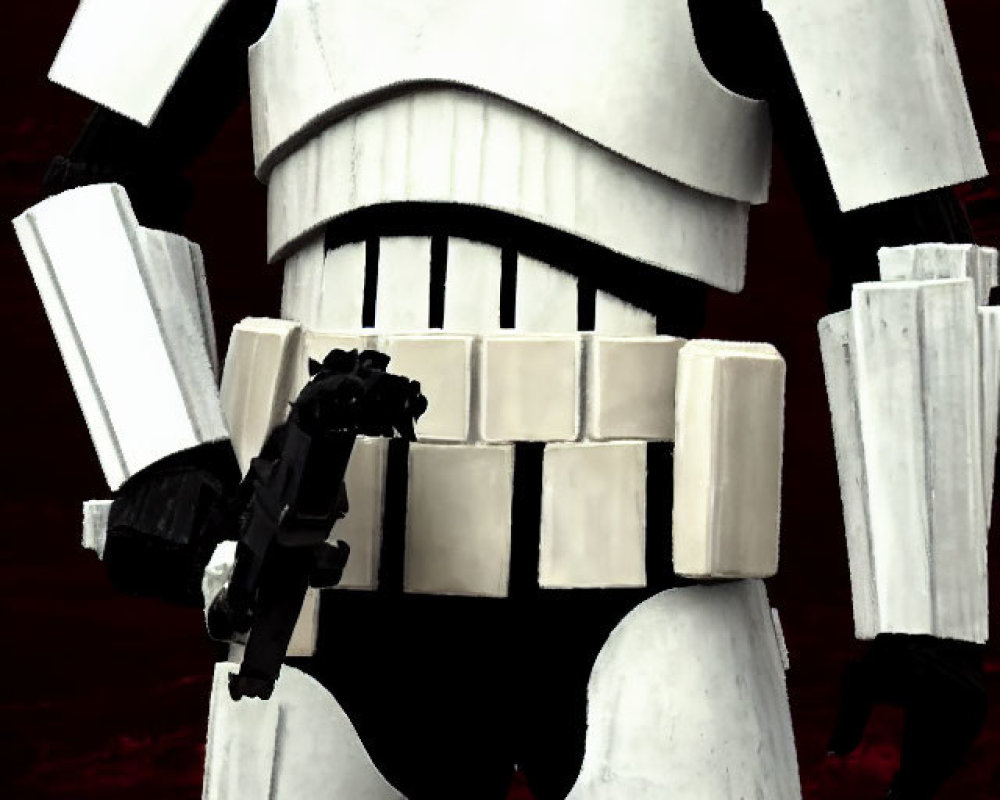 Iconic Stormtrooper in white armor with blaster on red background