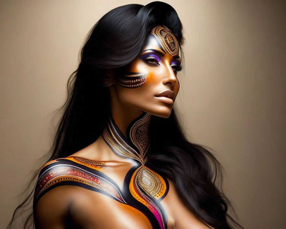 Colorful Body Paint and Elaborate Makeup on Woman Against Neutral Background