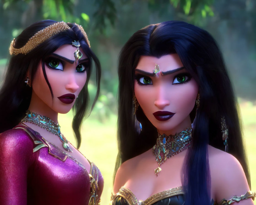 Two dark-haired female characters in ornate medieval gowns in forest setting