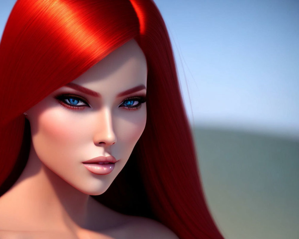 Vibrant red-haired woman with blue eyes in digital art