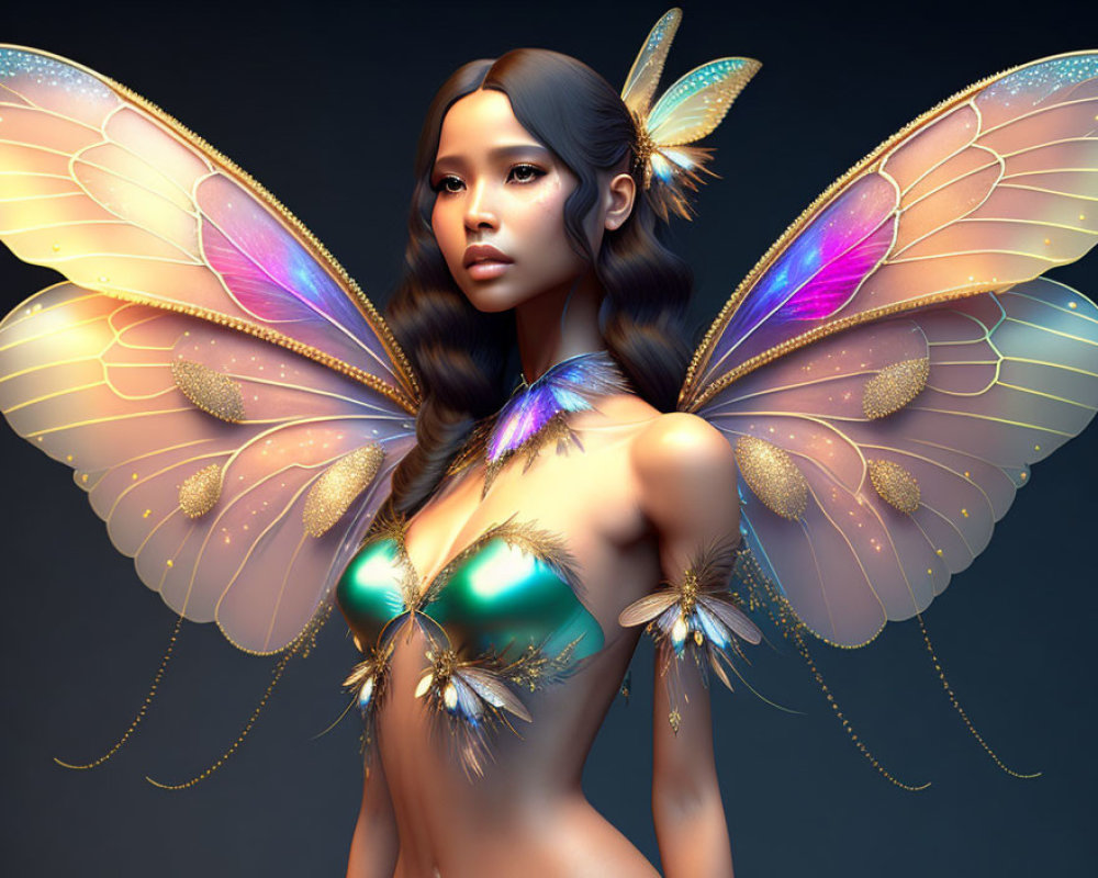 Digital artwork featuring woman with iridescent butterfly wings and feathers on dark background