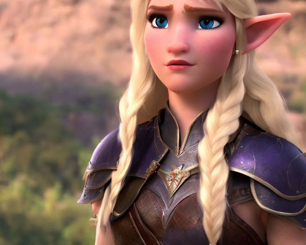 Platinum Blonde Braided 3D Character in Purple Armor