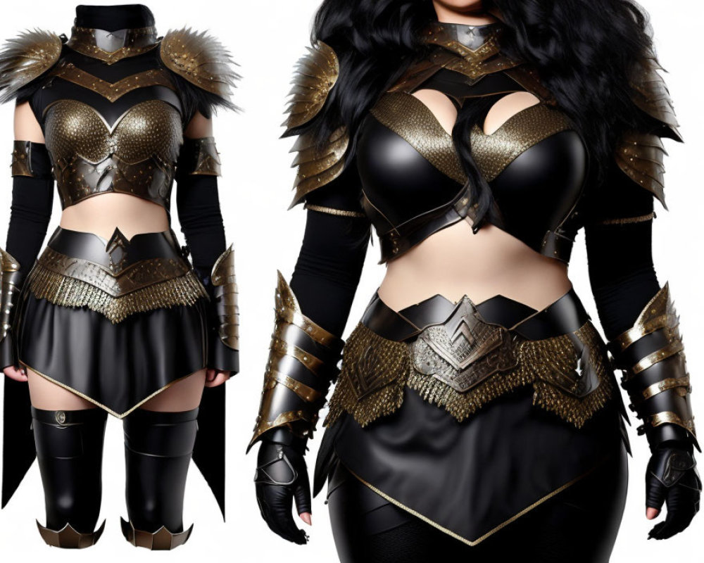 Woman in Black & Gold Fantasy Armor Costume with Metallic Embellishments