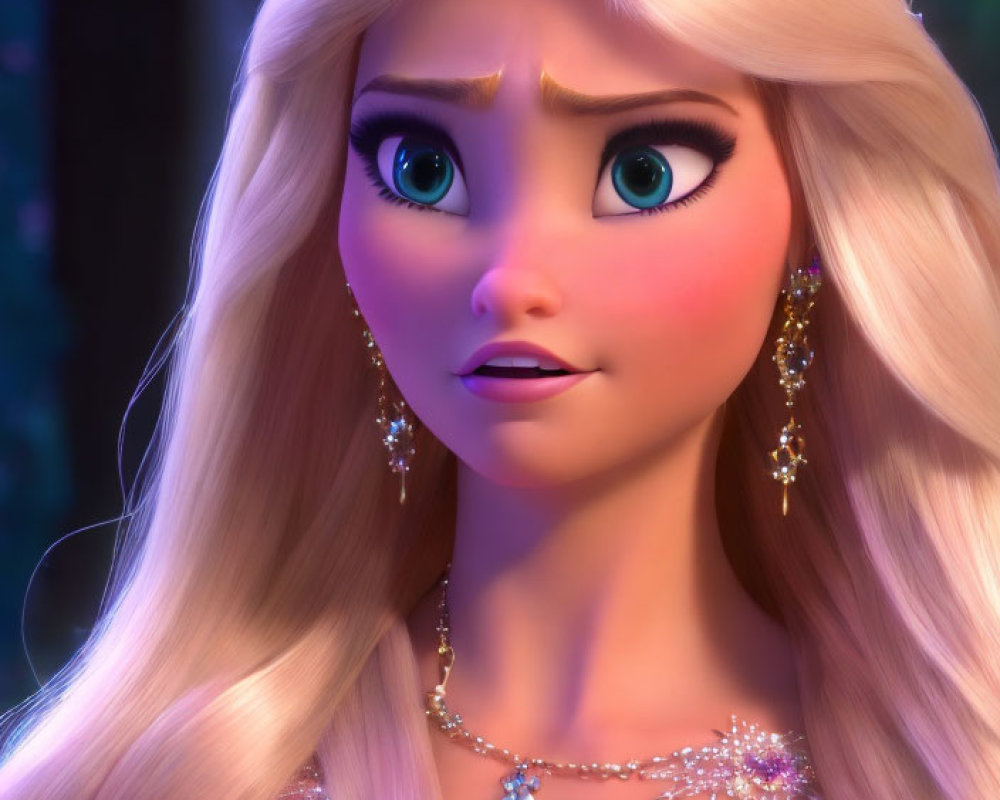 Blonde animated character in blue dress with concerned look