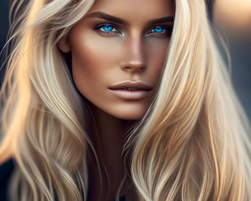 Portrait of Woman with Striking Blue Eyes and Long Blonde Hair