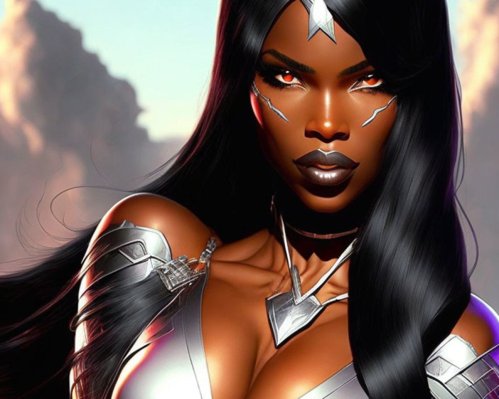 Dark-Skinned Female Superhero in Silver Tiara and Metallic Armor