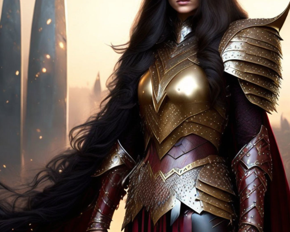 Female warrior in golden and burgundy armor with lasso against sunset cityscape