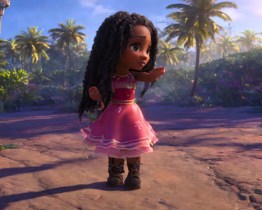 Young girl with curly hair in pink dress and boots walking in tropical setting.