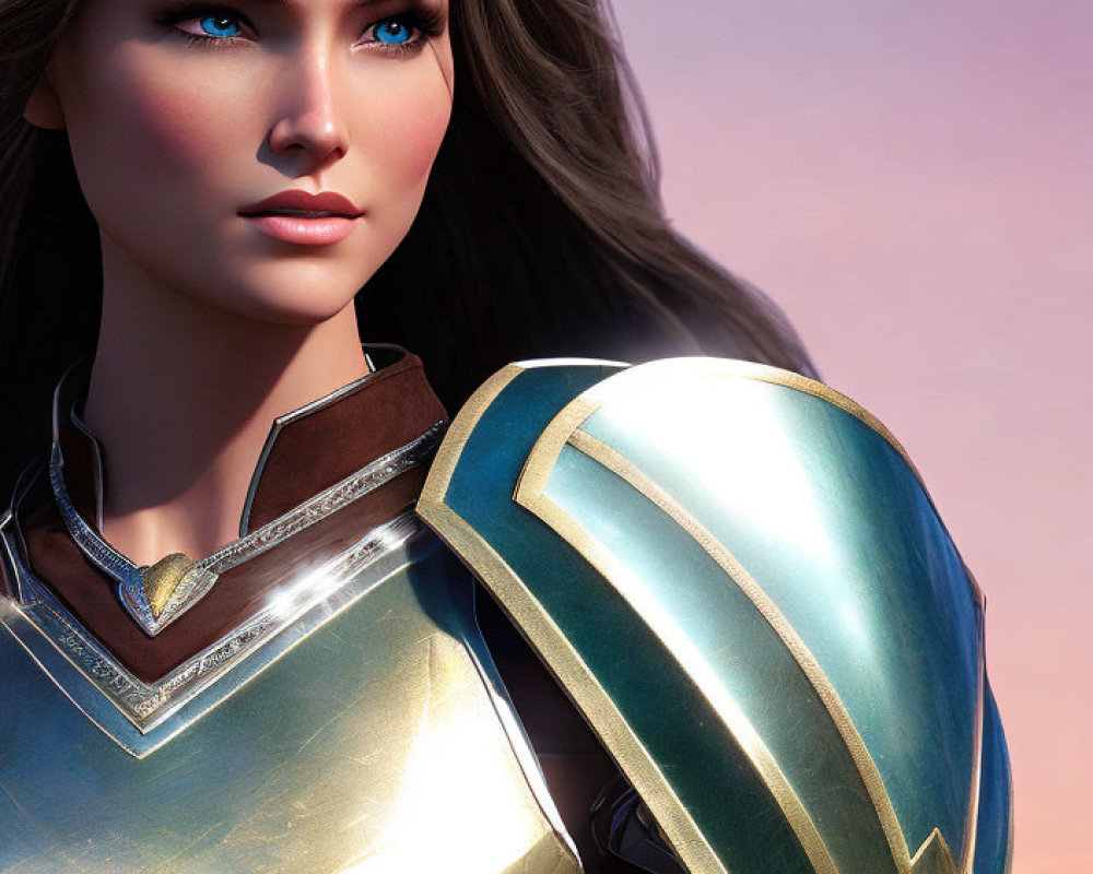 Female warrior digital artwork: blue-eyed, brown hair, ornate armor under pastel sunset.