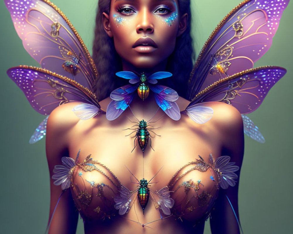 Digital Artwork: Woman with Butterfly Wings and Insect Motifs