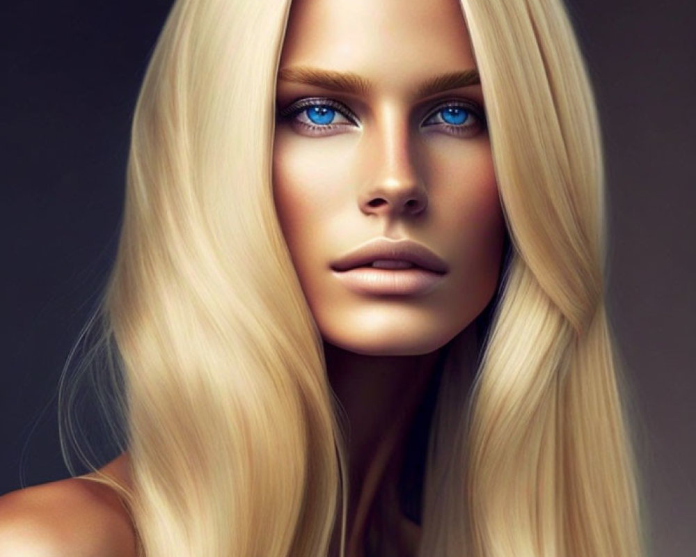 Woman with Long Blonde Hair and Striking Blue Eyes Portrait