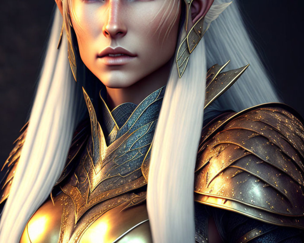 Elf digital artwork: Blue-eyed elf in intricate golden armor