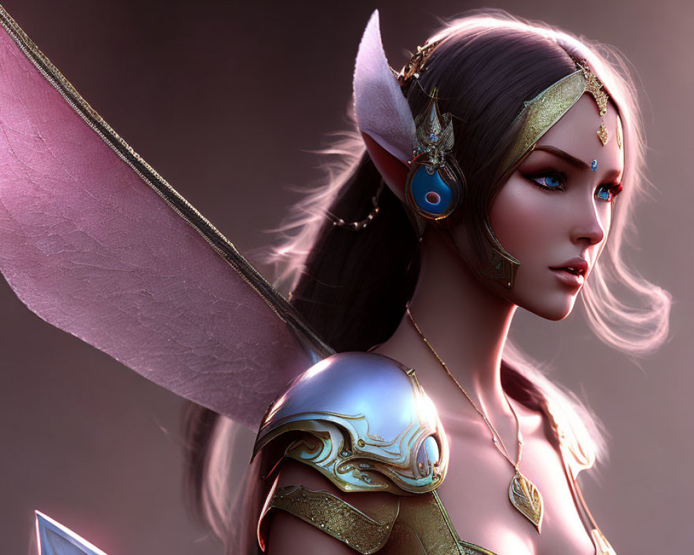 Digital Artwork: Elf with Wings, Gold Jewelry, and Armor on Pink Background