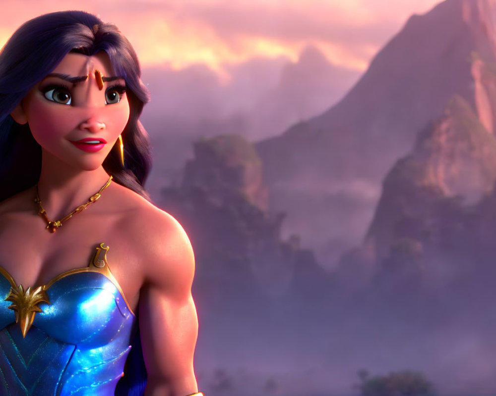 Close-up of animated female character with long hair in blue top against mountain backdrop.