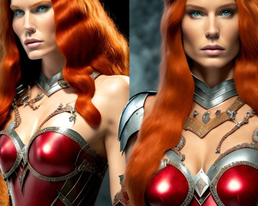 Digital artwork of female character with red hair, blue eyes, silver and red armor