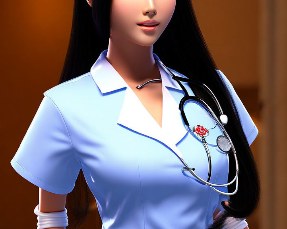 Stylized animated nurse in blue uniform with stethoscope