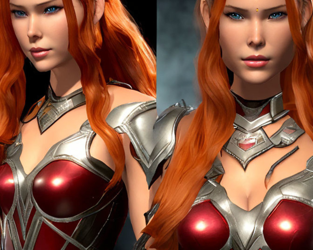 Digital artwork: Woman in red hair & fantasy armor, two portraits - soft & intense.