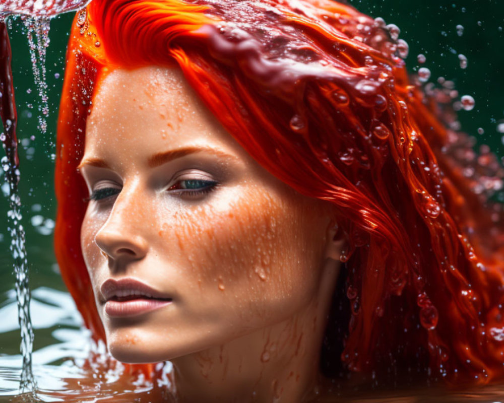 Woman with Vibrant Red Hair Partially Submerged in Water