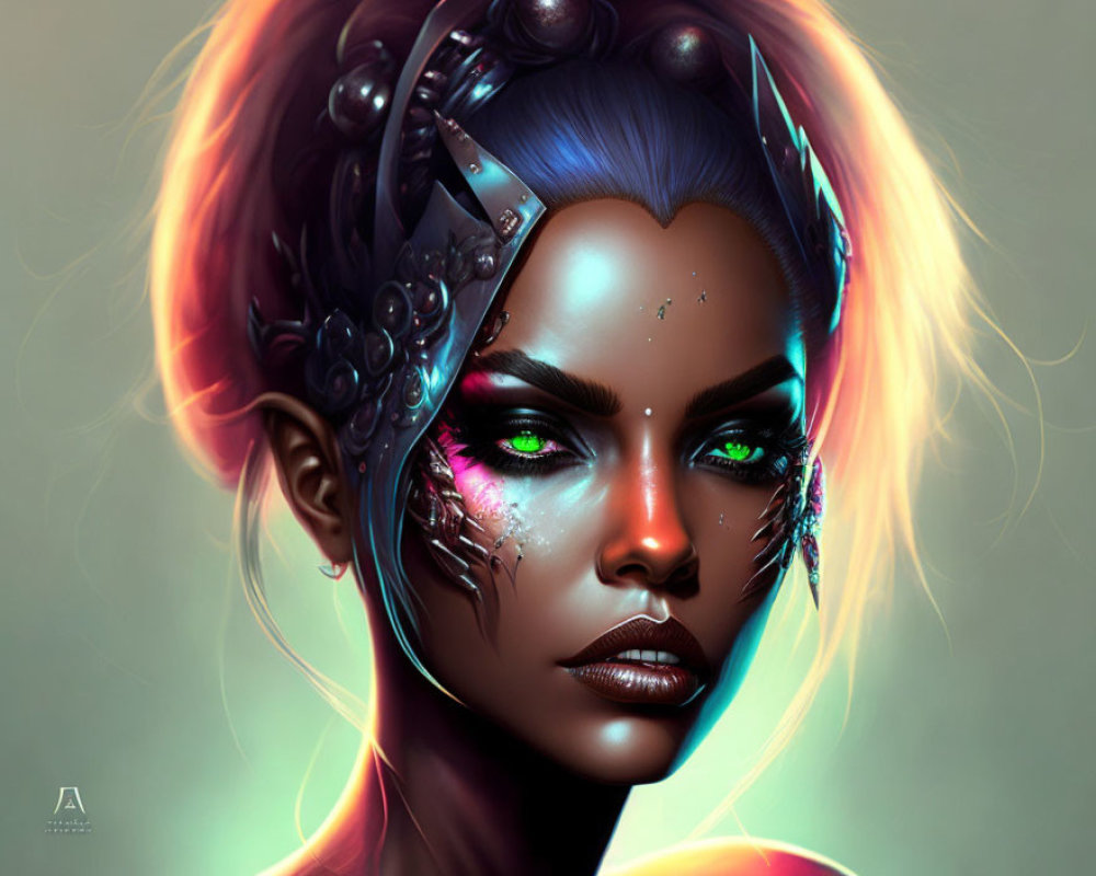 Blue-skinned female figure with green eyes and orange hair in futuristic cybernetic enhancements.