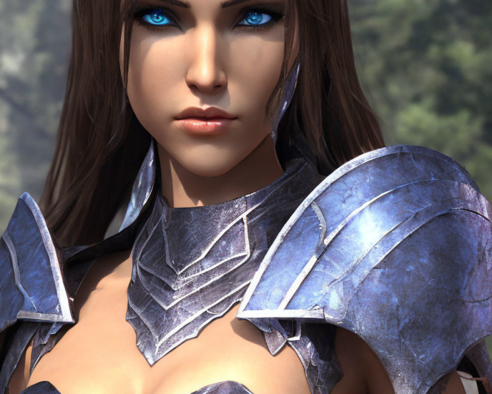 Female warrior with blue eyes in silver armor standing in forest