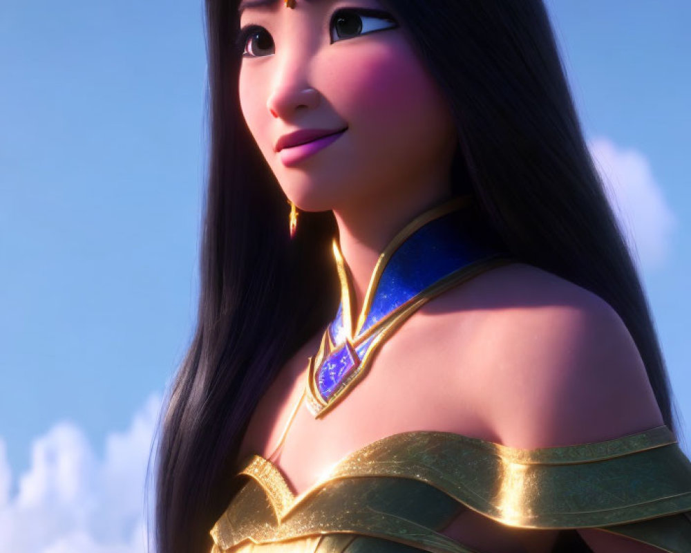 3D animated female character in golden armor and blue sash gazes into distance