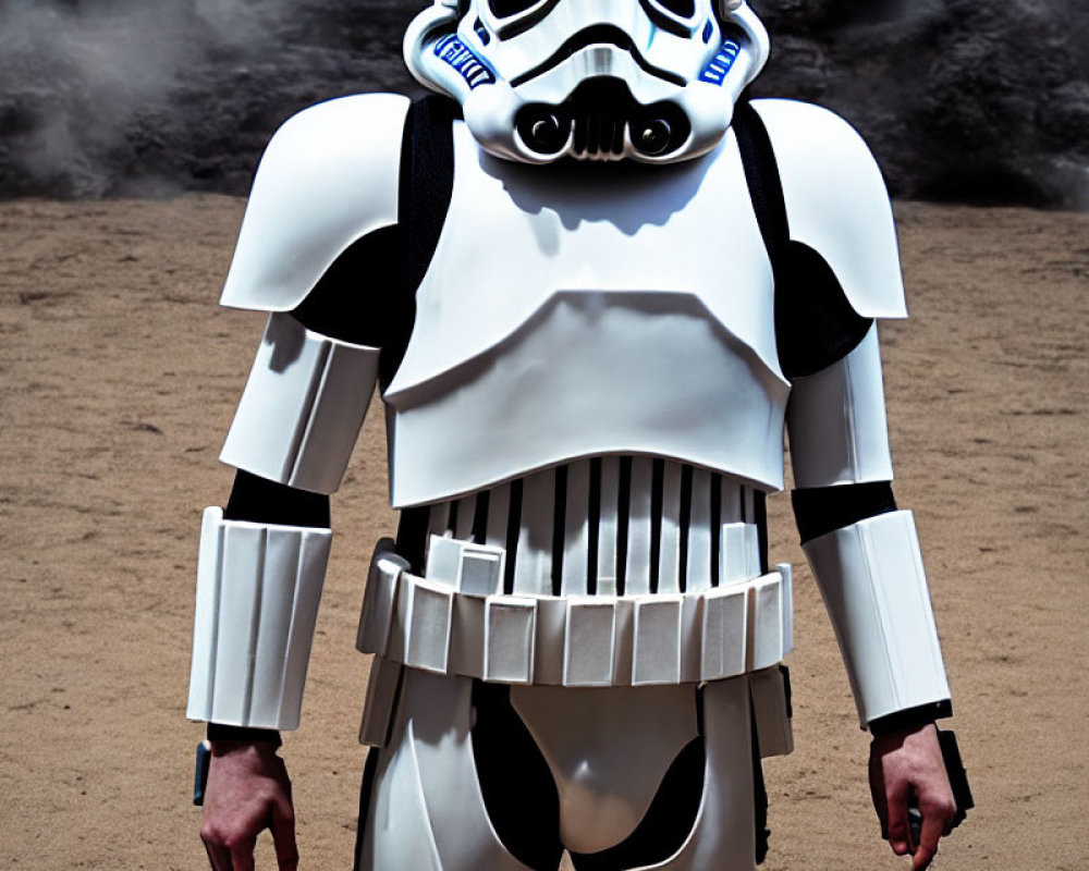 Stormtrooper costume in smoke-filled background reminiscent of Star Wars