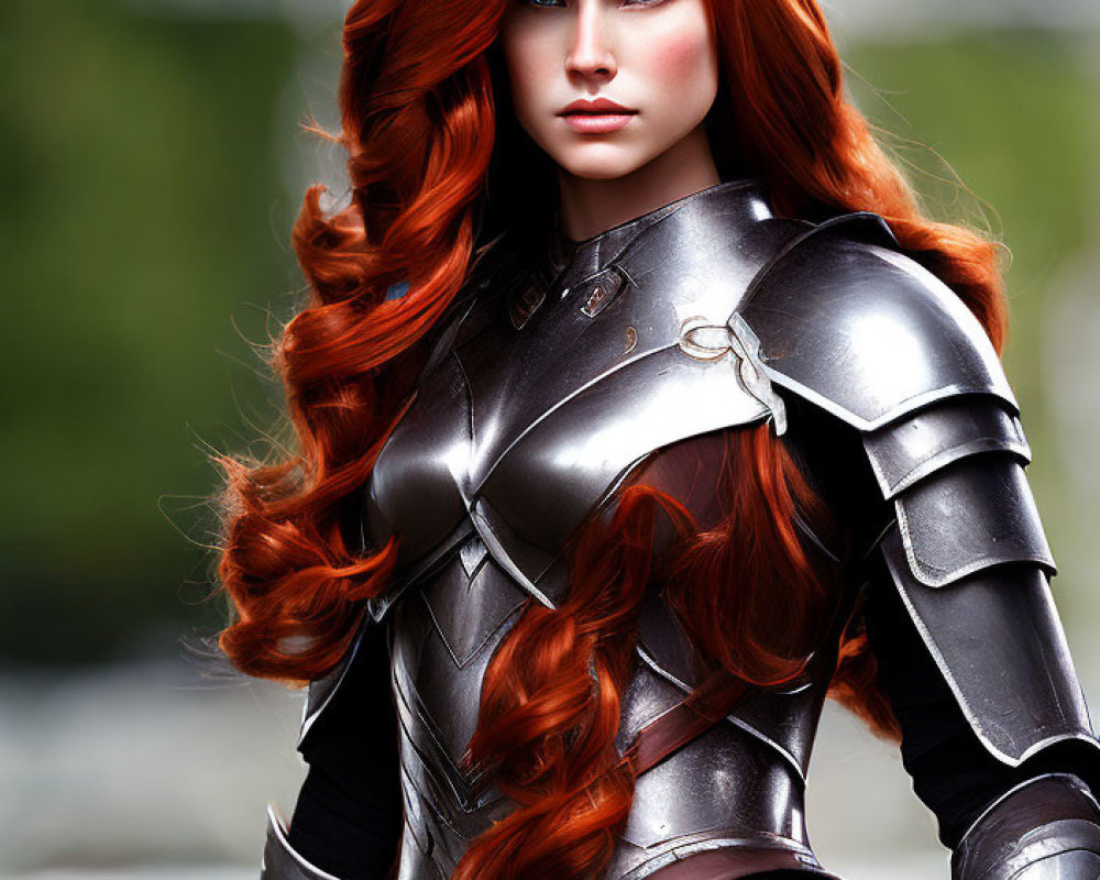 Vibrant red-haired woman in silver knight armor on green background