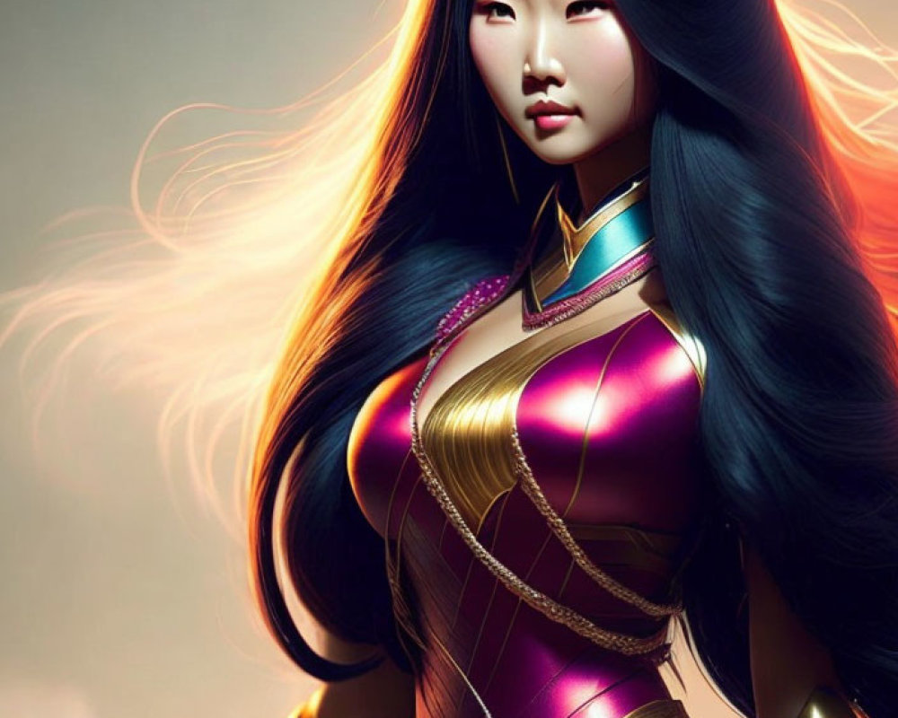 Regal woman in purple and gold armor with flowing hair