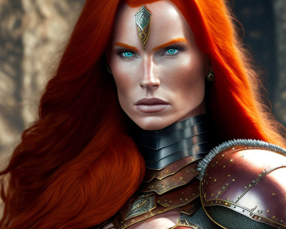 Digital artwork of fierce female warrior with red hair and fantasy armor