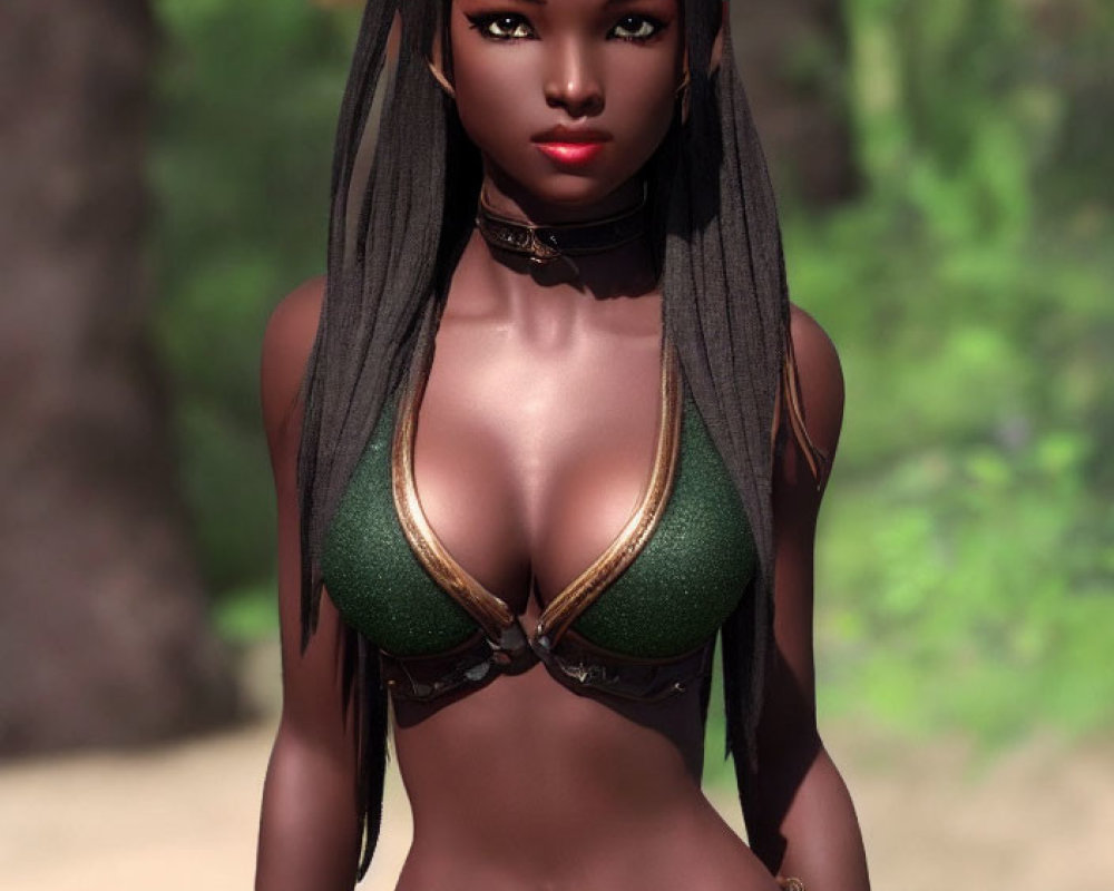 Dark-skinned woman in green bralette and headpiece with jewel.