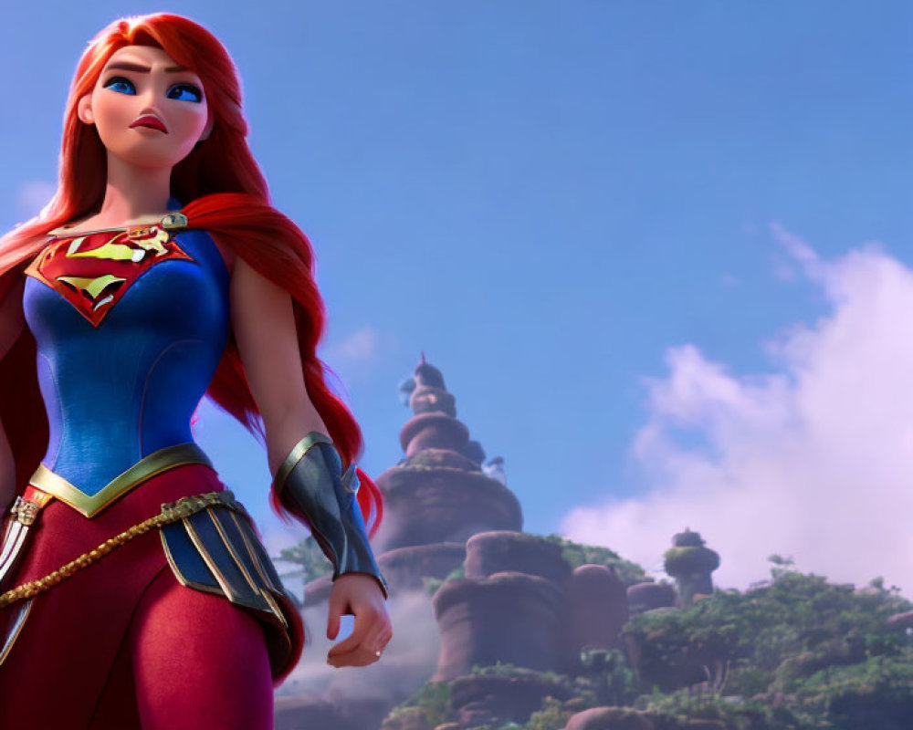 Red-haired female superhero in blue suit and red cape poses against sky and rocks