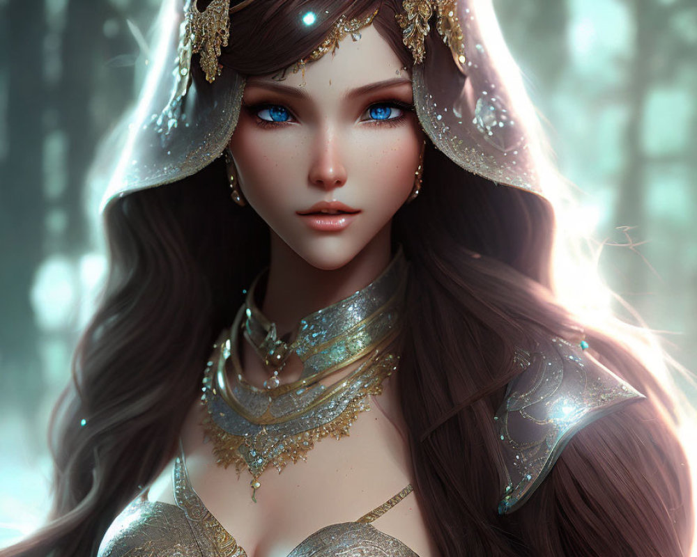 Ethereal woman with deep blue eyes in ornate golden jewelry against magical forest.