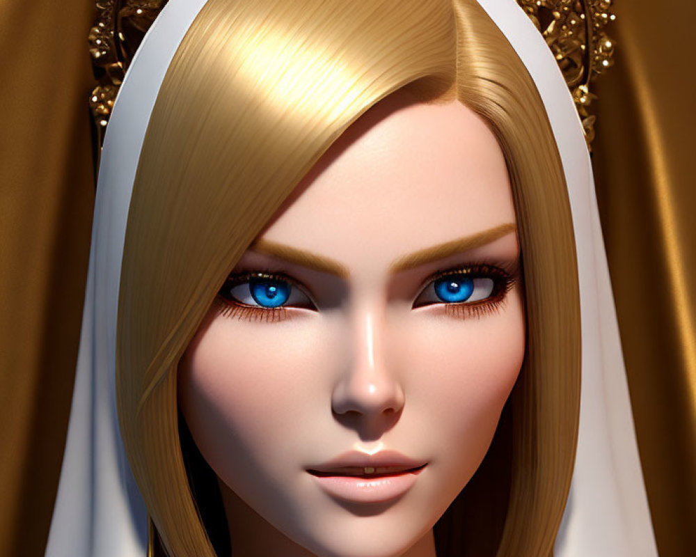 3D illustration of female character with blue eyes, blonde hair, white veil, and golden headpiece