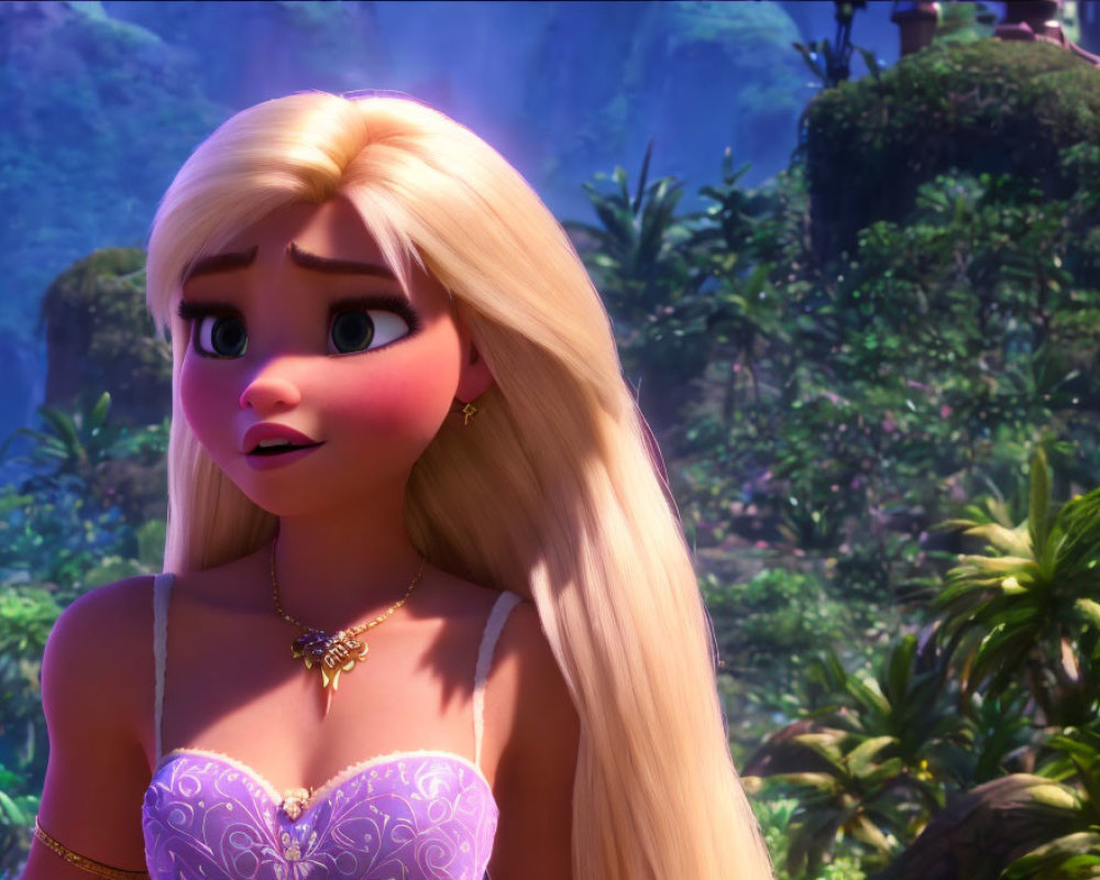 Blonde-haired animated character in purple dress in lush tropical setting