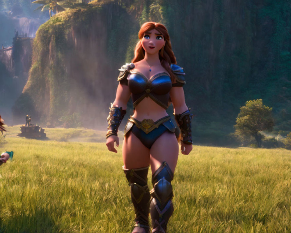 Red-Haired Female Warrior in Blue Armor on Grassland