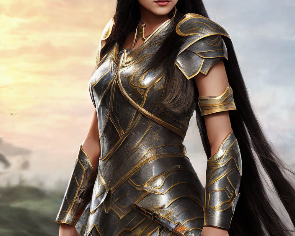 Woman in Golden Armor Ready with Sword Against Sunset Backdrop