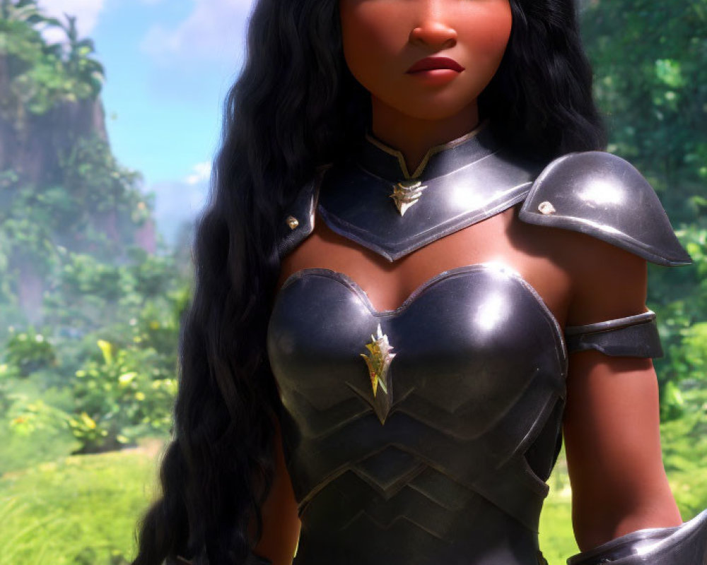 Long-haired female animated character in silver armor on lush green landscape