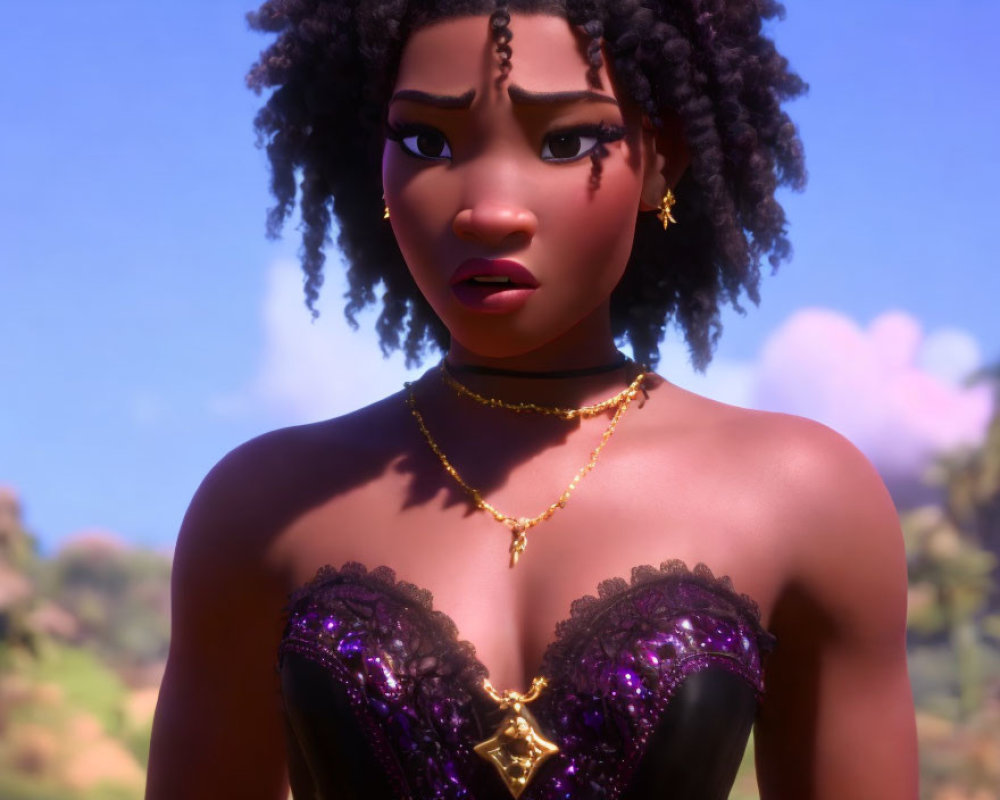 Close-up of 3D animated female character with dark skin, curly hair, tribal face markings,