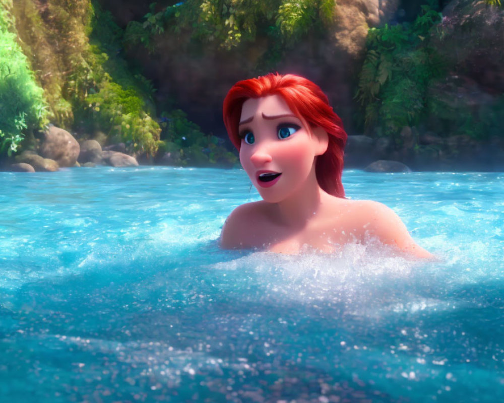 Red-Haired Animated Character Surprised in Clear Water