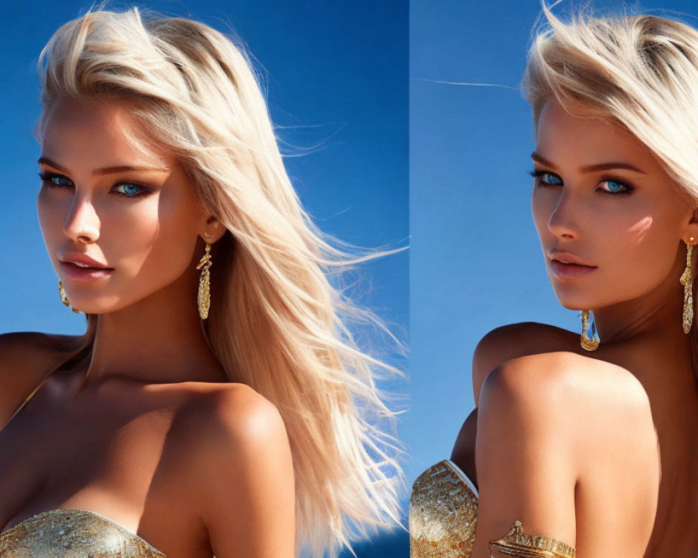 Blonde Woman in Gold Dress and Earrings on Blue Background