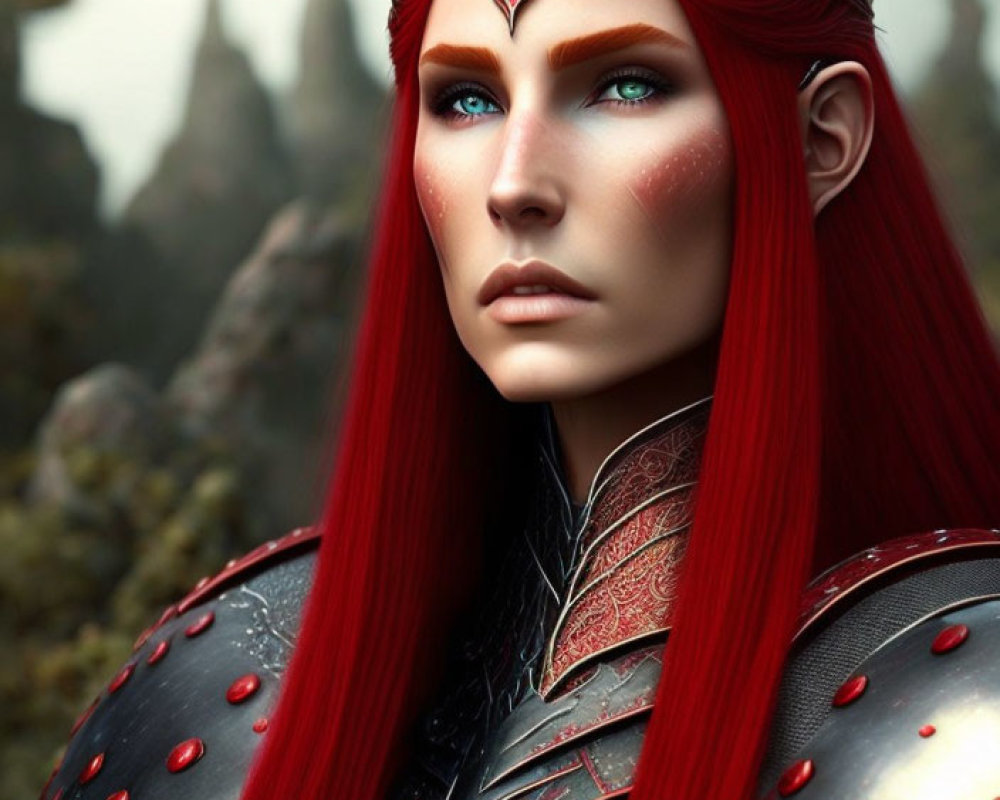 Elf warrior digital artwork: vibrant red hair, blue eyes, red & silver armor, forest background