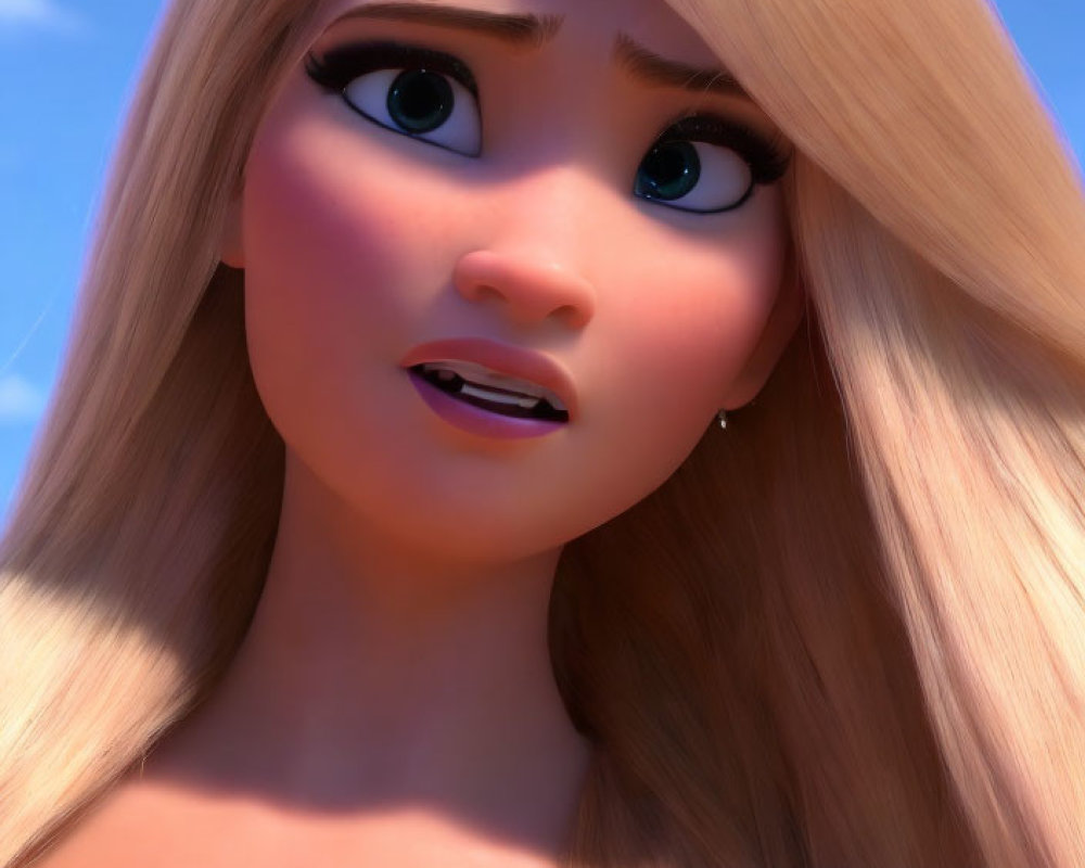 Blonde Animated Female Character in Blue Dress with Concerned Expression