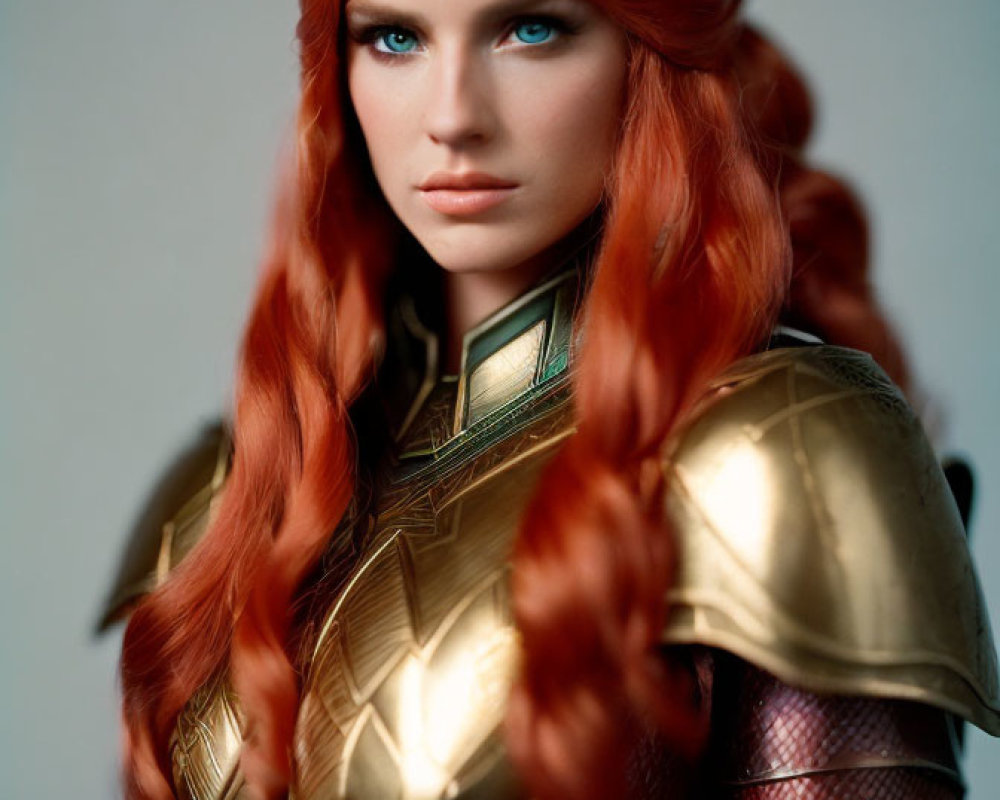 Portrait of woman with long red hair and blue eyes in gold and burgundy armor.