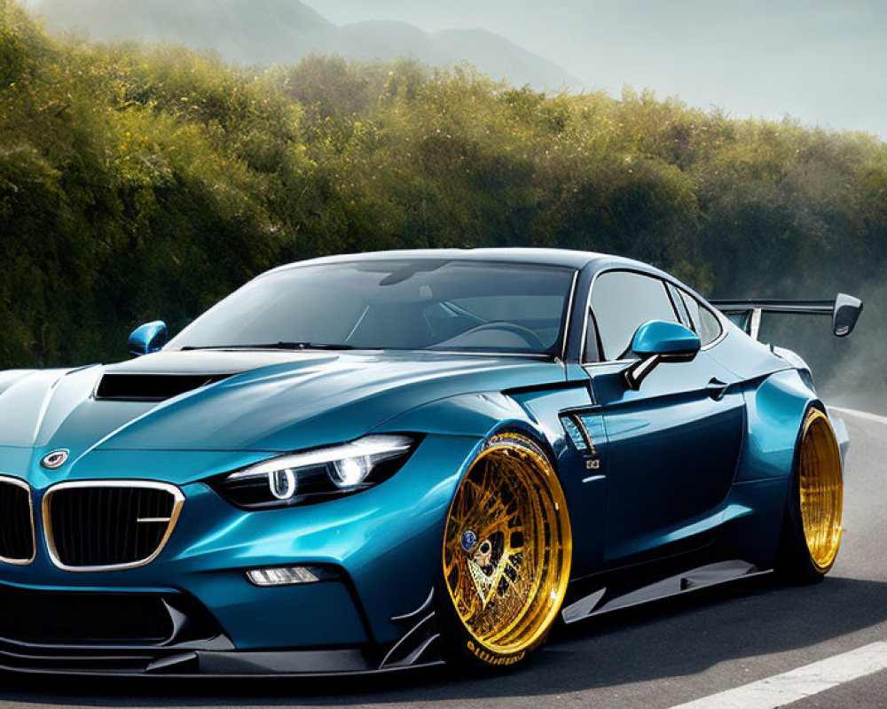 Blue BMW Sports Car with Golden Wheels on Road with Green Hills and Mist