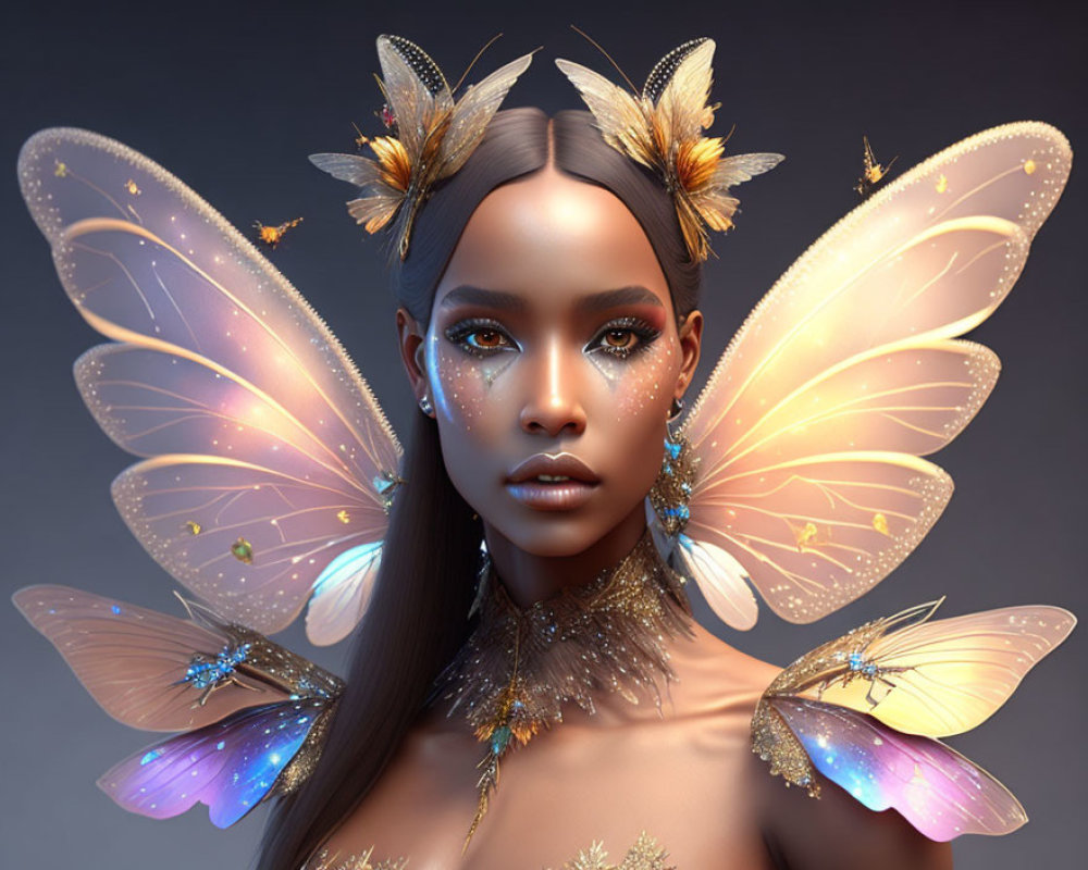 Digital Artwork: Female Figure with Butterfly Wings and Fantasy Motifs