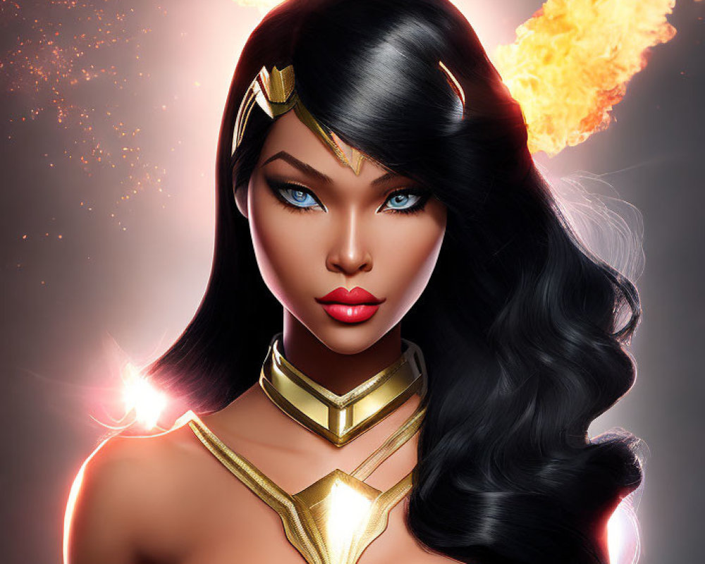 Digital portrait of female superhero with dark hair, blue eyes, gold tiara, and fiery backlit