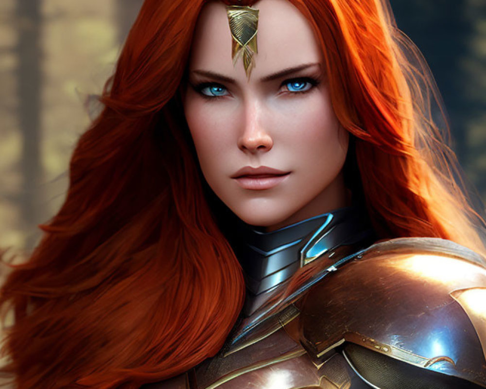 Digital artwork featuring woman with red hair, blue eyes, golden armor, and floral tiara.